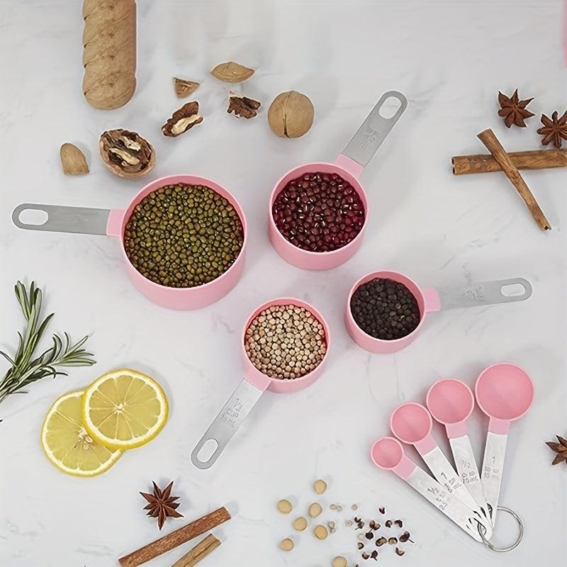 8pcs Measuring Cups & Spoons Set Plastic Spoon w/ Stainless Steel Handle