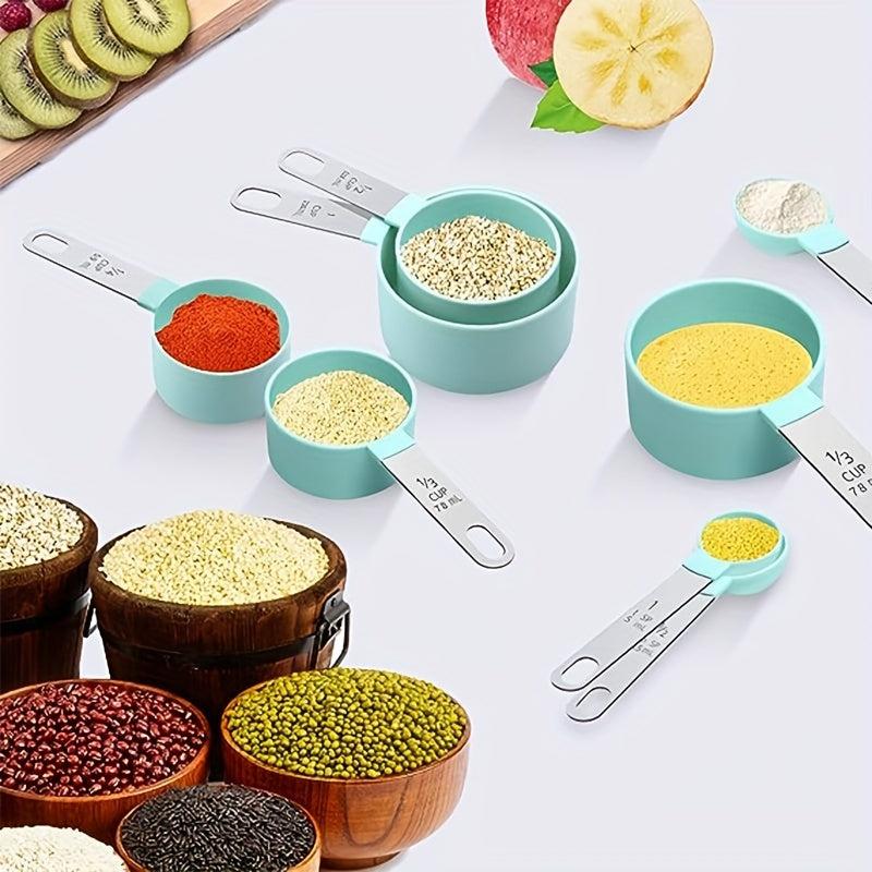 8pcs Measuring Cups & Spoons Set Plastic Spoon w/ Stainless Steel Handle