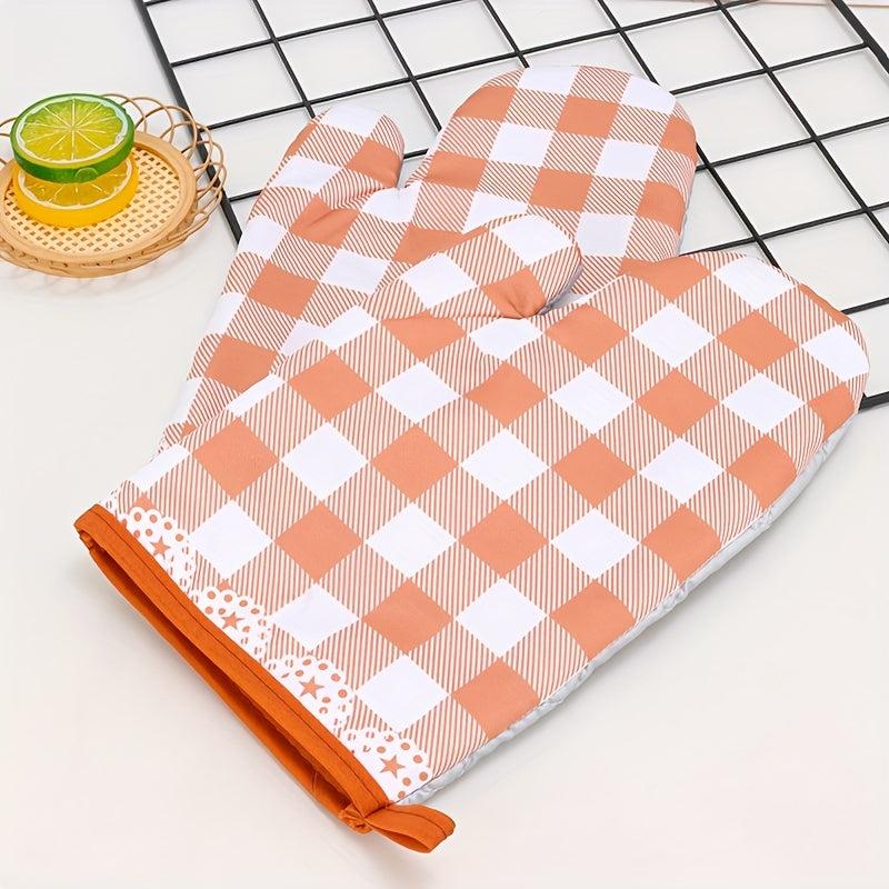 Polyester Oven Mitts Pink Plaid Heat Resistant Microwave Double Layer Gloves
