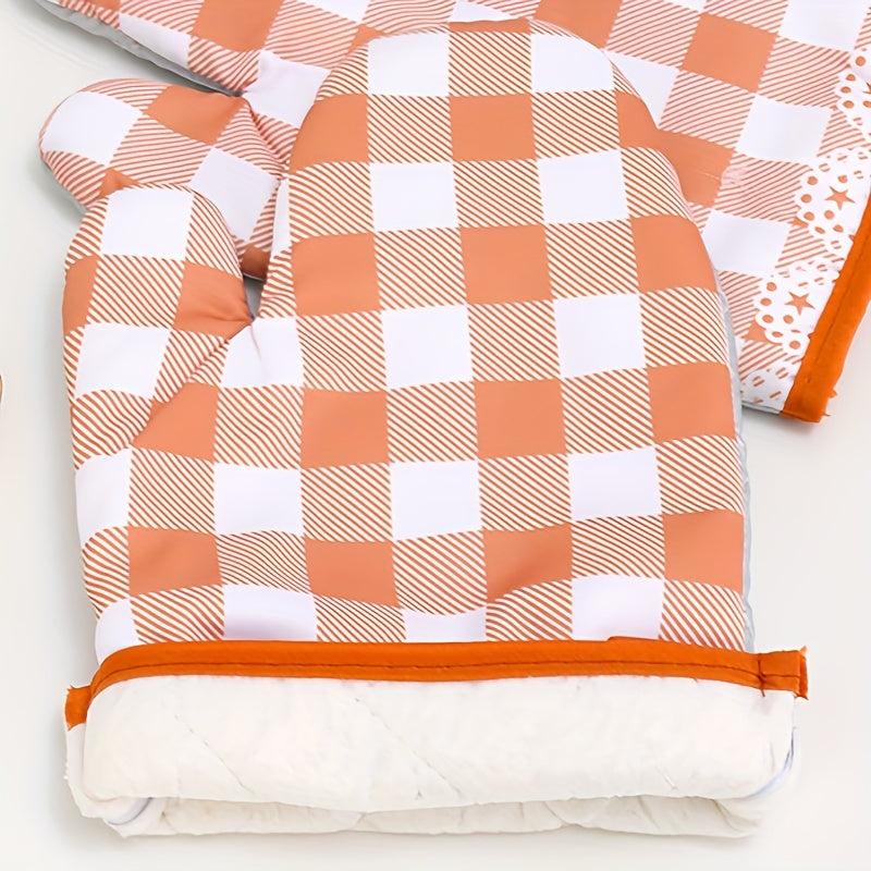 Polyester Oven Mitts Pink Plaid Heat Resistant Microwave Double Layer Gloves