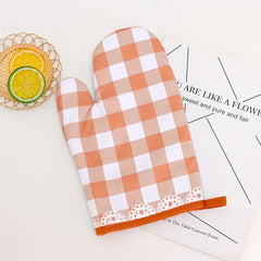 Polyester Oven Mitts Pink Plaid Heat Resistant Microwave Double Layer Gloves