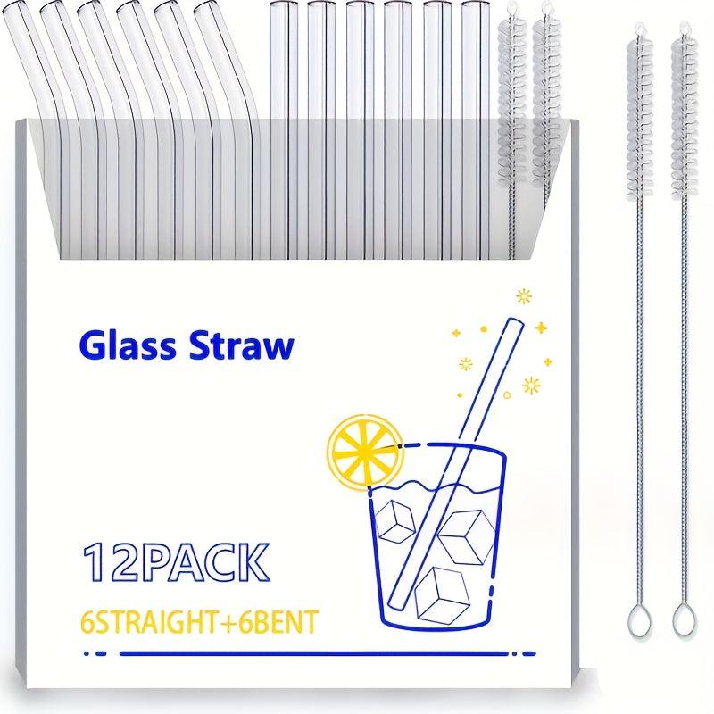 16pcs Reusable Glass Straws, Clear 8.5''x10MM, 6 Straight and 6 Bent, 4 Cleaning