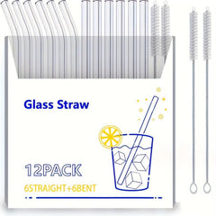 16pcs Reusable Glass Straws, Clear 8.5''x10MM, 6 Straight and 6 Bent, 4 Cleaning