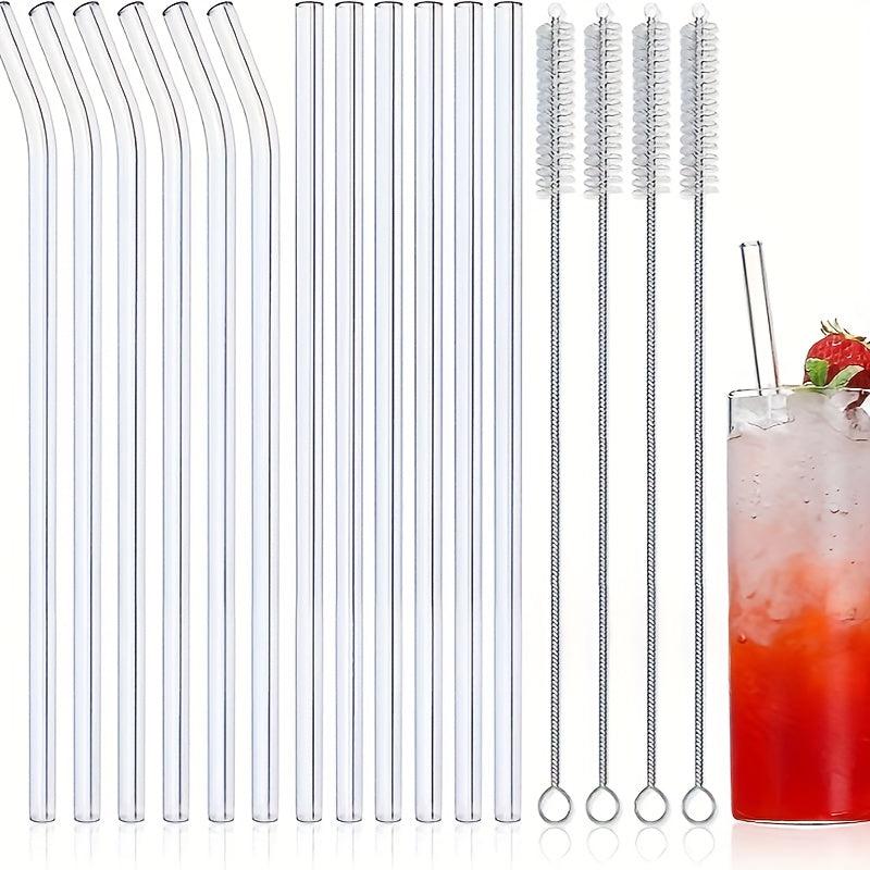 16pcs Reusable Glass Straws, Clear 8.5''x10MM, 6 Straight and 6 Bent, 4 Cleaning