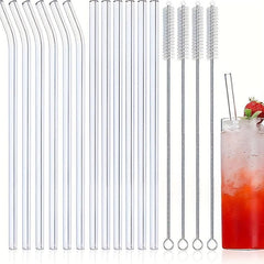 16pcs Reusable Glass Straws, Clear 8.5''x10MM, 6 Straight and 6 Bent, 4 Cleaning