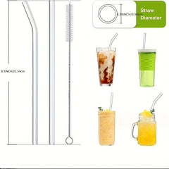 16pcs Reusable Glass Straws, Clear 8.5''x10MM, 6 Straight and 6 Bent, 4 Cleaning