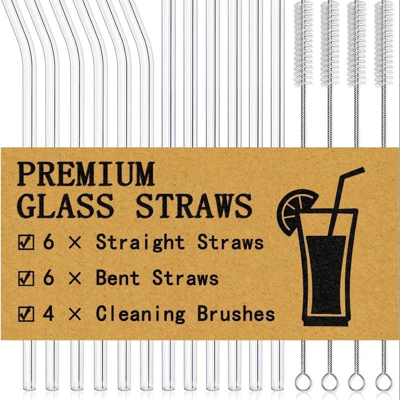 16pcs Reusable Glass Straws, Clear 8.5''x10MM, 6 Straight and 6 Bent, 4 Cleaning