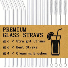 16pcs Reusable Glass Straws, Clear 8.5''x10MM, 6 Straight and 6 Bent, 4 Cleaning