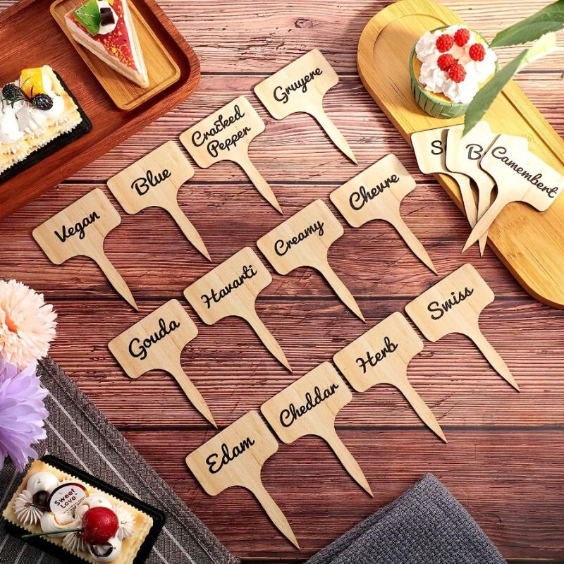 15pcs Wooden Cheese Markers Reusable Cheese Labels for Parties
