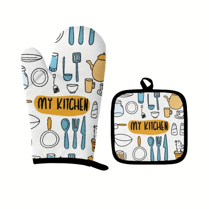 2pcs Colorful Printed Cotton Oven Mitts Heat Resistant Mat