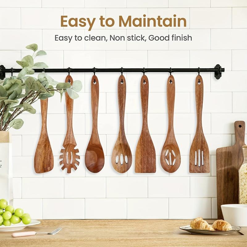 7pc Wooden Kitchen Utensils Set Cooking Spoons Teak Utensil Nonstick Spatula