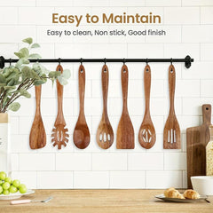 7pc Wooden Kitchen Utensils Set Cooking Spoons Teak Utensil Nonstick Spatula