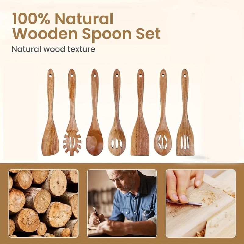 7pc Wooden Kitchen Utensils Set Cooking Spoons Teak Utensil Nonstick Spatula