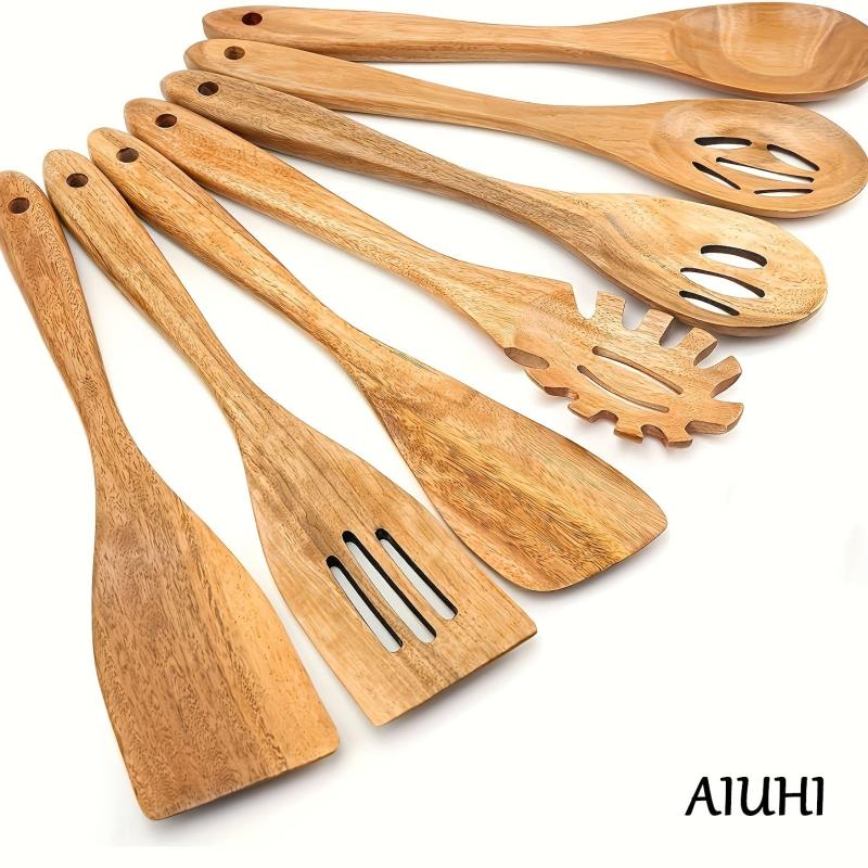 7pc Wooden Kitchen Utensils Set Cooking Spoons Teak Utensil Nonstick Spatula