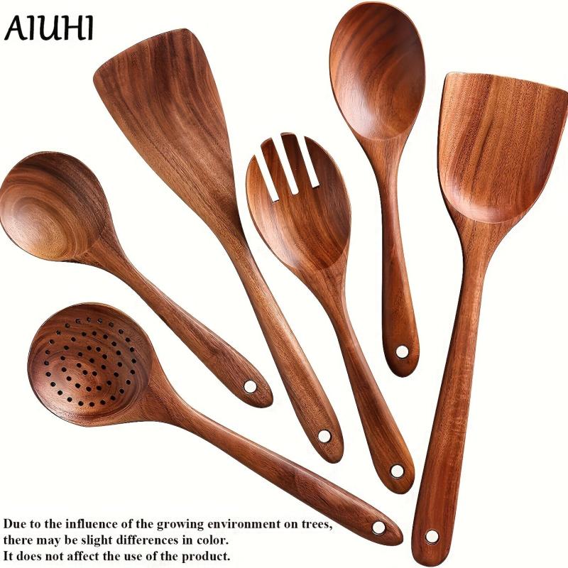 6pcs Natural Teak Wooden Spoons for Cooking Set of 6 Perfect for Kitchen