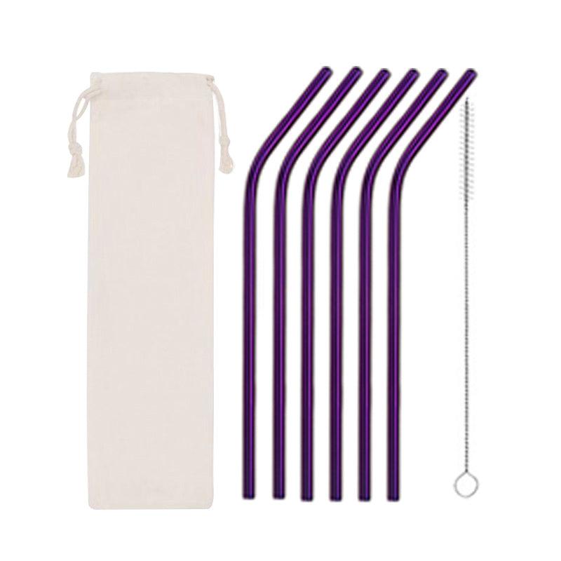Titanium Plated Stainless Steel Straw Set with Curved Tube