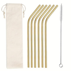Titanium Plated Stainless Steel Straw Set with Curved Tube