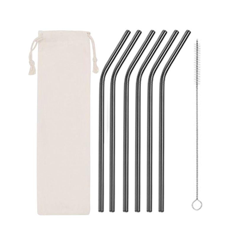 Titanium Plated Stainless Steel Straw Set with Curved Tube