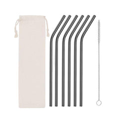 Titanium Plated Stainless Steel Straw Set with Curved Tube