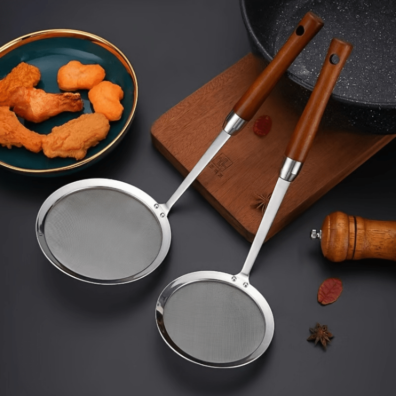 Stainless Steel Mesh Strainer with Wooden Handle Kitchen Frying Filter Spoon