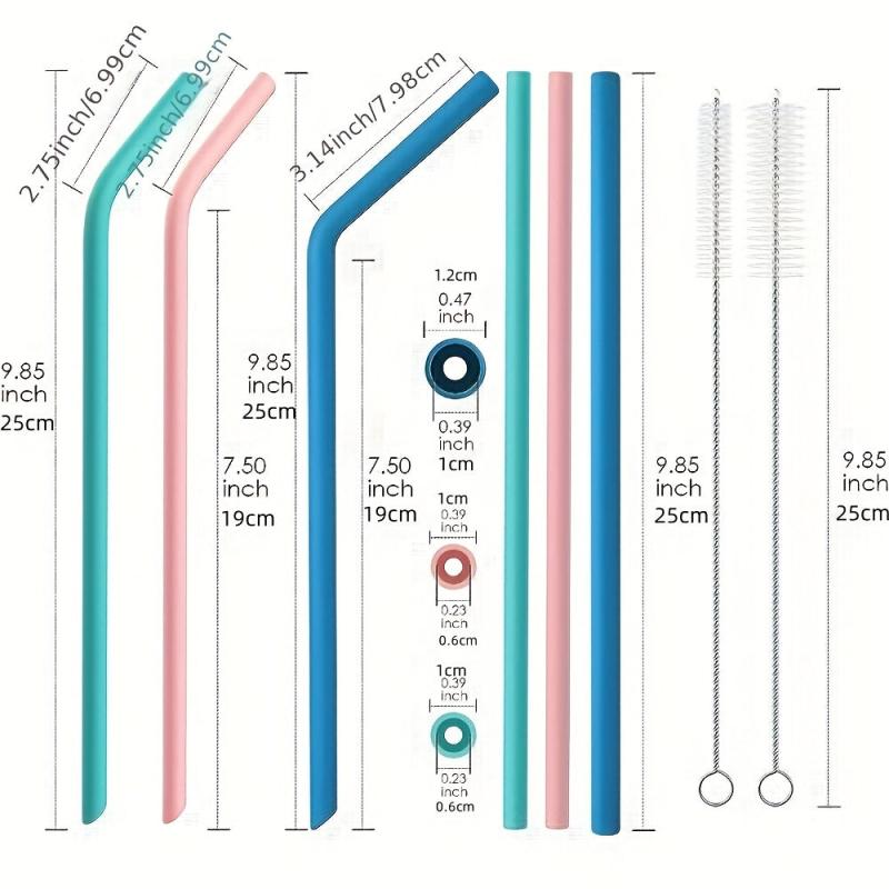 6pcs Reusable Silicone Straws Foldable BPA-Free Extra Long with Cleaning Brush