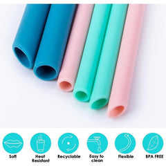 6pcs Reusable Silicone Straws Foldable BPA-Free Extra Long with Cleaning Brush
