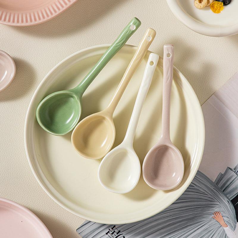 Ceramic Soup Spoon with Long Handle for Scooping and Serving