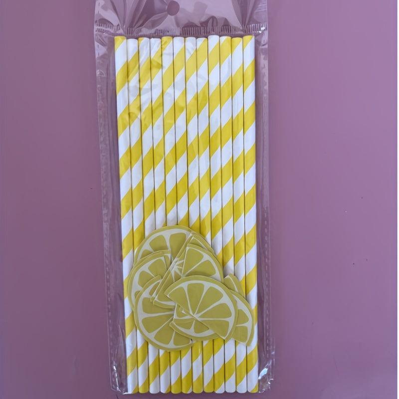 12pcs Yellow Striped Paper Straws with Lemon Small Cards
