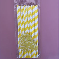 12pcs Yellow Striped Paper Straws with Lemon Small Cards