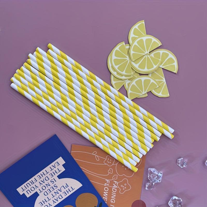 12pcs Yellow Striped Paper Straws with Lemon Small Cards