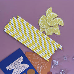 12pcs Yellow Striped Paper Straws with Lemon Small Cards