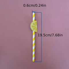 12pcs Yellow Striped Paper Straws with Lemon Small Cards