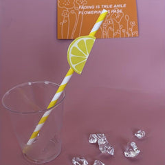 12pcs Yellow Striped Paper Straws with Lemon Small Cards