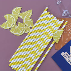 12pcs Yellow Striped Paper Straws with Lemon Small Cards
