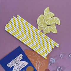 12pcs Yellow Striped Paper Straws with Lemon Small Cards