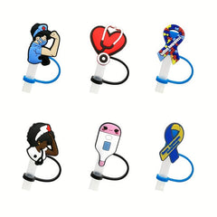 6pcs Nurse Themed Straw Tips Cover Reusable Silicone Sleeves
