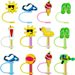 8pcs Reusable Straw Toppers Cartoon Silicone Sleeve Caps for Party Favor Bags