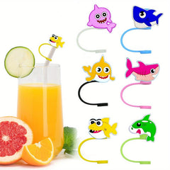 8pcs Reusable Straw Toppers Cartoon Silicone Sleeve Caps for Party Favor Bags