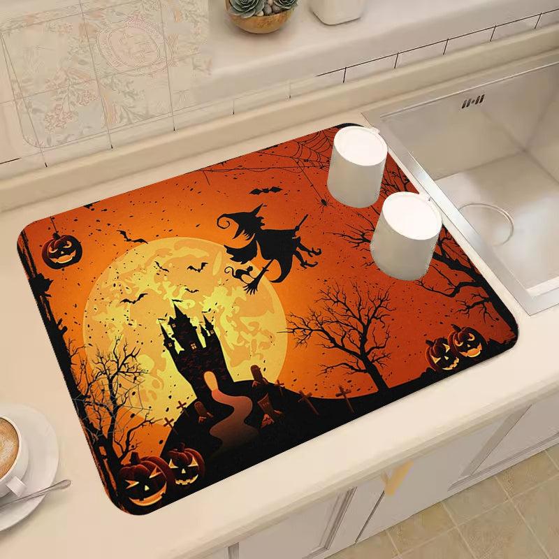 Rubber Dish Drying Pad Dark Style Horror Castle Pattern Absorbent Mat