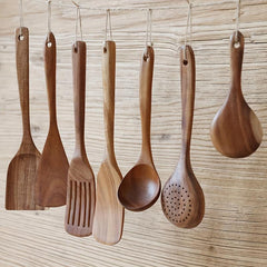 7pcs Nonstick Kitchen Utensil Set Natural Teak Wooden Spoons Cooking