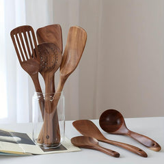 7pcs Nonstick Kitchen Utensil Set Natural Teak Wooden Spoons Cooking