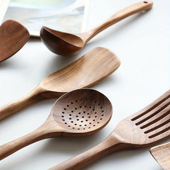 7pcs Nonstick Kitchen Utensil Set Natural Teak Wooden Spoons Cooking