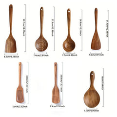 7pcs Nonstick Kitchen Utensil Set Natural Teak Wooden Spoons Cooking