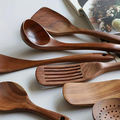 7pcs Nonstick Kitchen Utensil Set Natural Teak Wooden Spoons Cooking