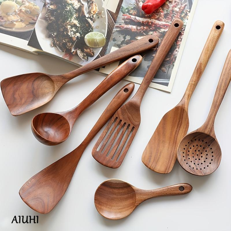 7pcs Nonstick Kitchen Utensil Set Natural Teak Wooden Spoons Cooking