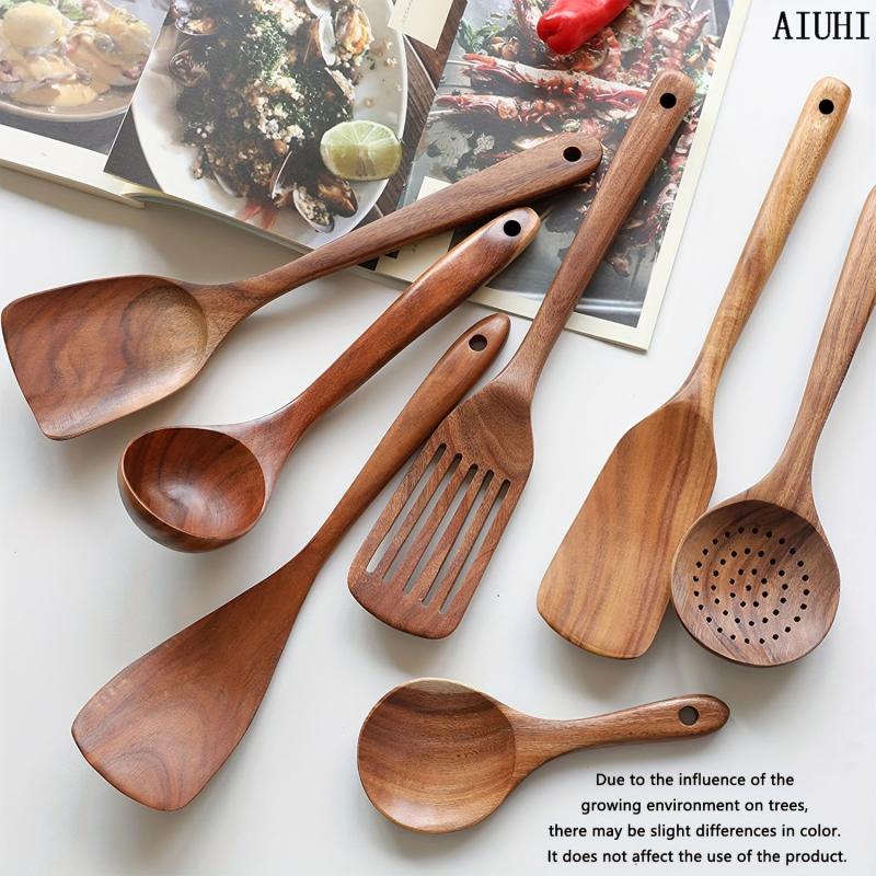 7pcs Nonstick Kitchen Utensil Set Natural Teak Wooden Spoons Cooking