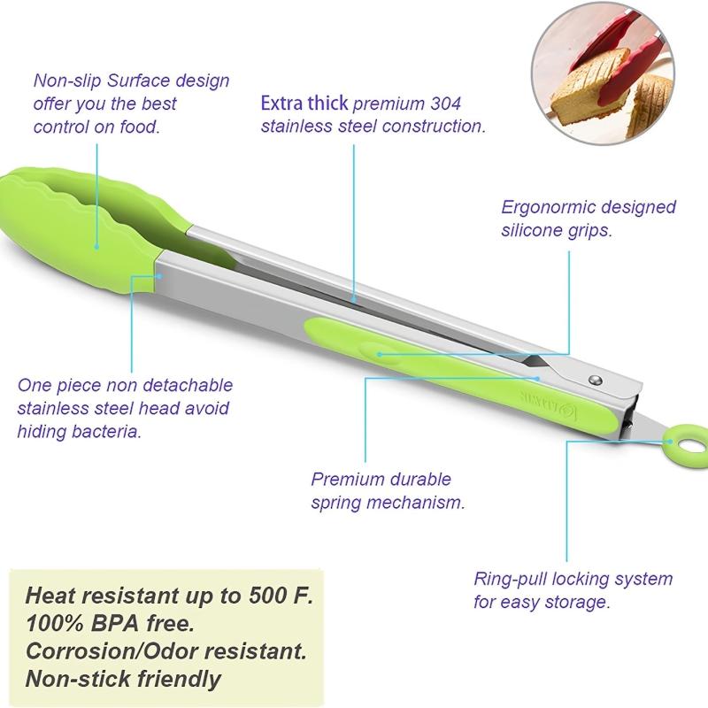 Kitchen Tongs Silicone Tips Stainless Steel BBQ Cooking Grilling Locking