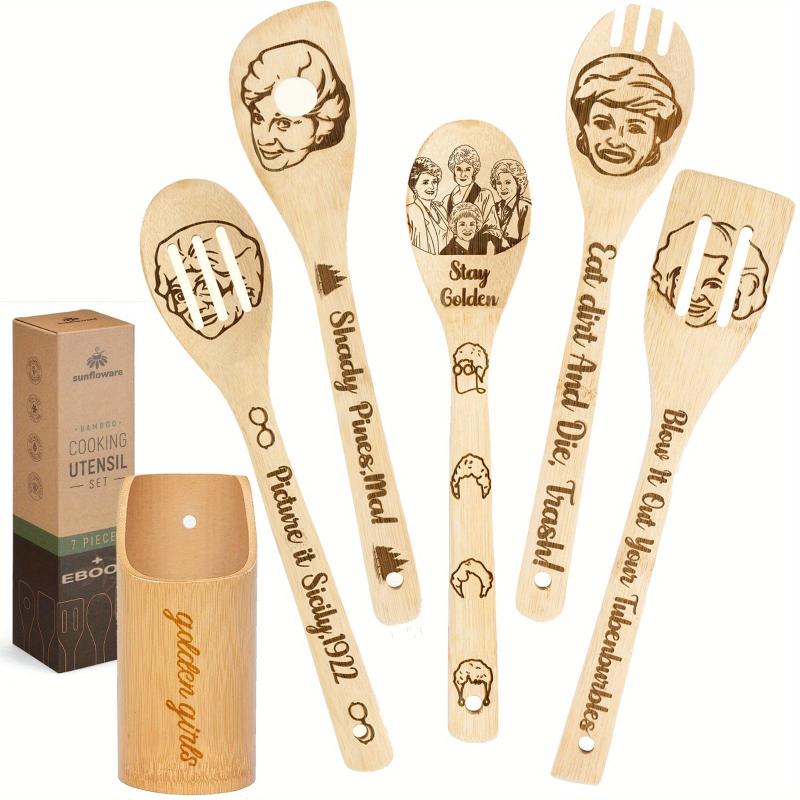 5pcs Bamboo Ladles Wooden Spoons Carve Burned Wooden Spoon Slotted Spatulas