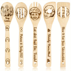 5pcs Bamboo Ladles Wooden Spoons Carve Burned Wooden Spoon Slotted Spatulas