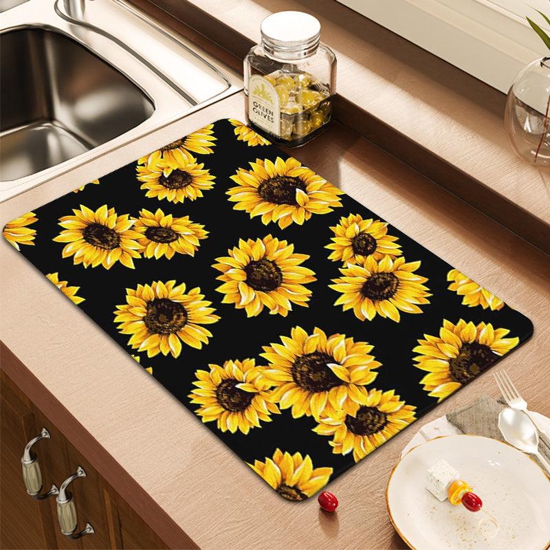 Sunflower Dish Drying Pad Absorbent Mat Colorful Kitchen Countertop Washstand